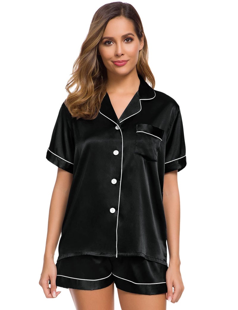 SWOMOG Womens Silk Satin Pajamas Set Two-Piece Pj Sets Sleepwear Loungewear Button-Down Pj Sets Black - Image 2